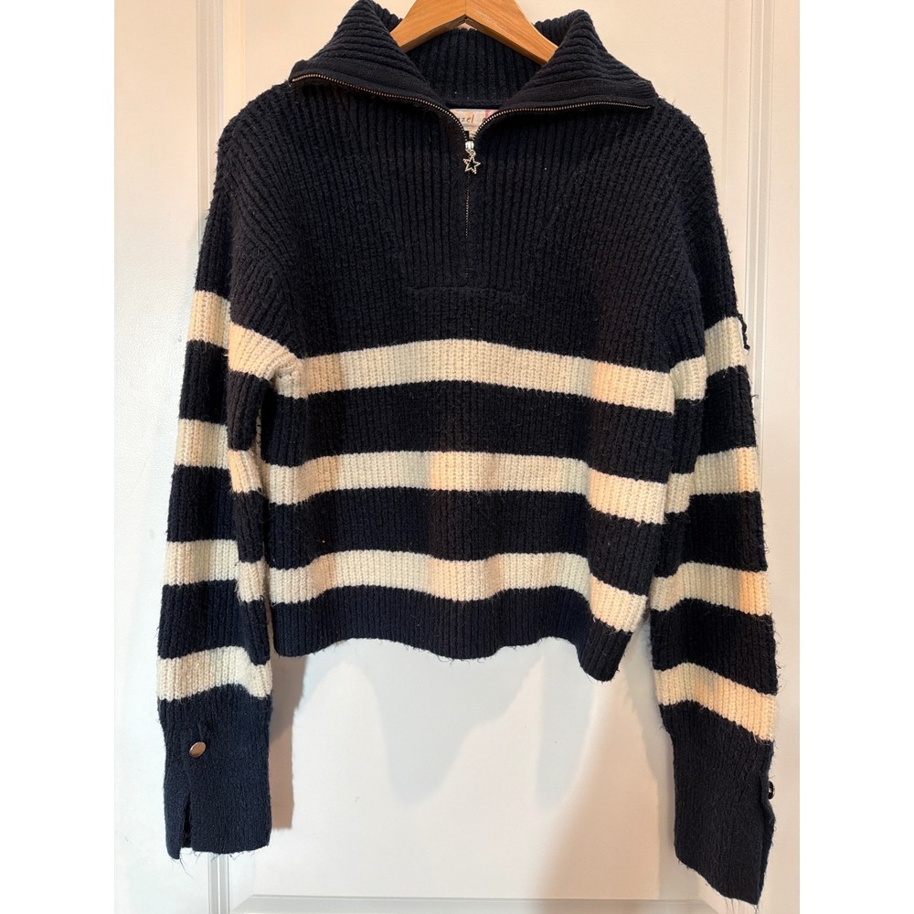 Hazel Moon Navy Blue Cream Striped Quarter Zip Star Pull Cropped Sweater Medium